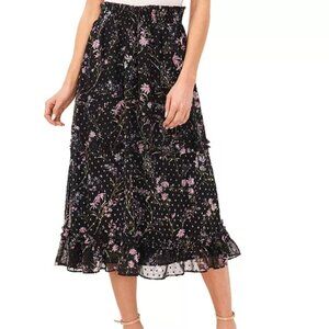 CeCe Women's Black  Floral-Print Smocked-Waist Tiered Midi Skirt Sz L NWT